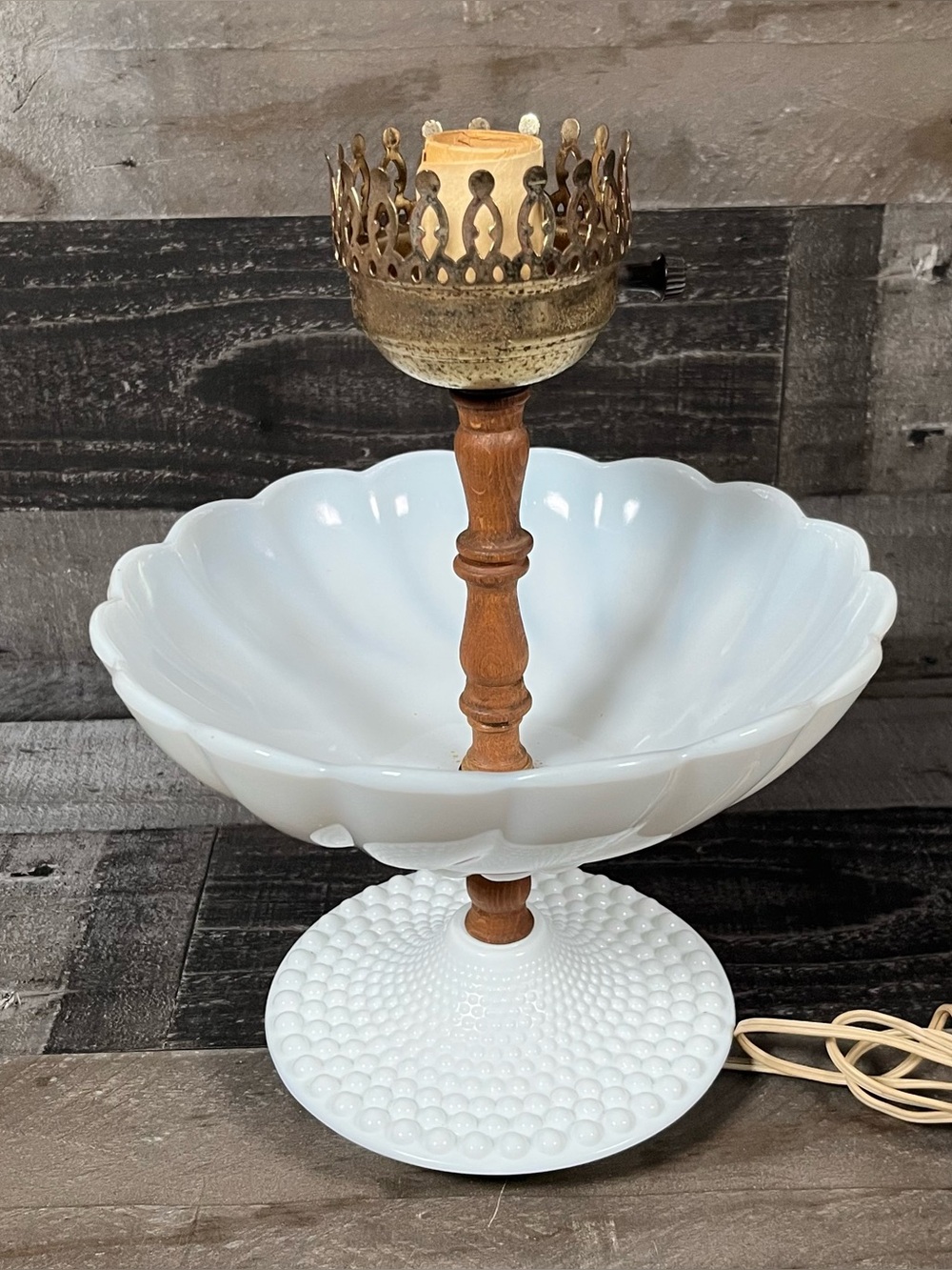 Vintage Milk Glass Vanity Hobnail Table Lamp Dual Purpose Candy Dish